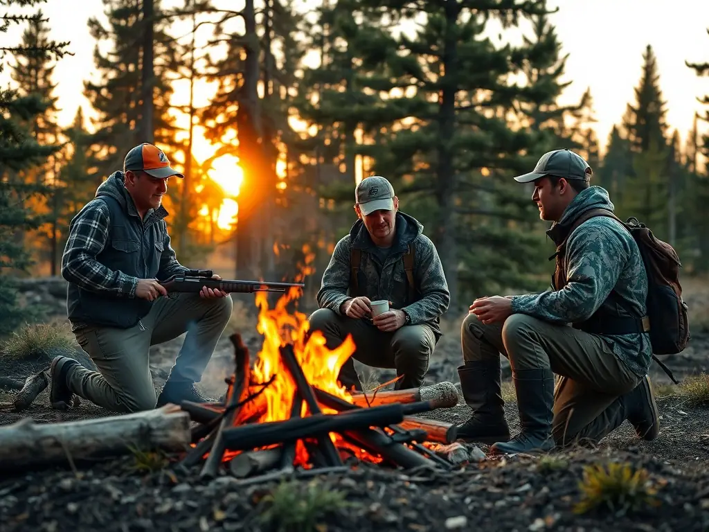 A group of hunters, led by a guide, are walking through a dense, snow-covered forest during a guided hunting expedition in Ris Forest. The image emphasizes the beauty of the natural environment and the camaraderie among the participants.