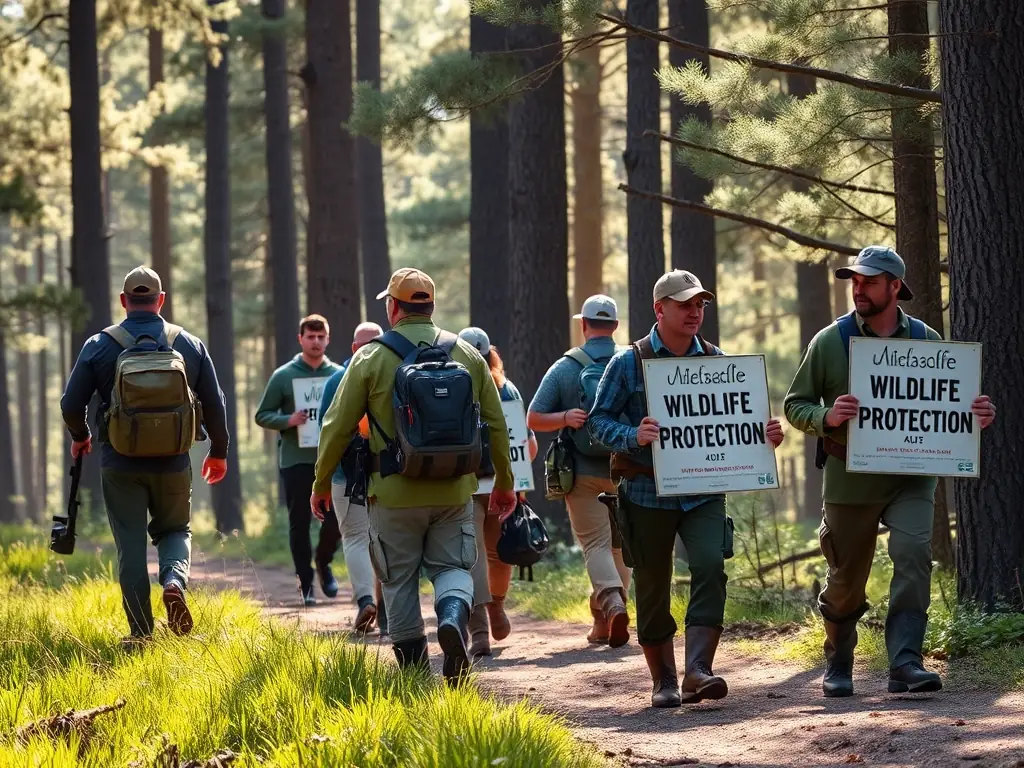 A photograph depicting a group of hunters participating in a guided hunting expedition in the Ris Forest, emphasizing responsible hunting practices and ethical treatment of wildlife.