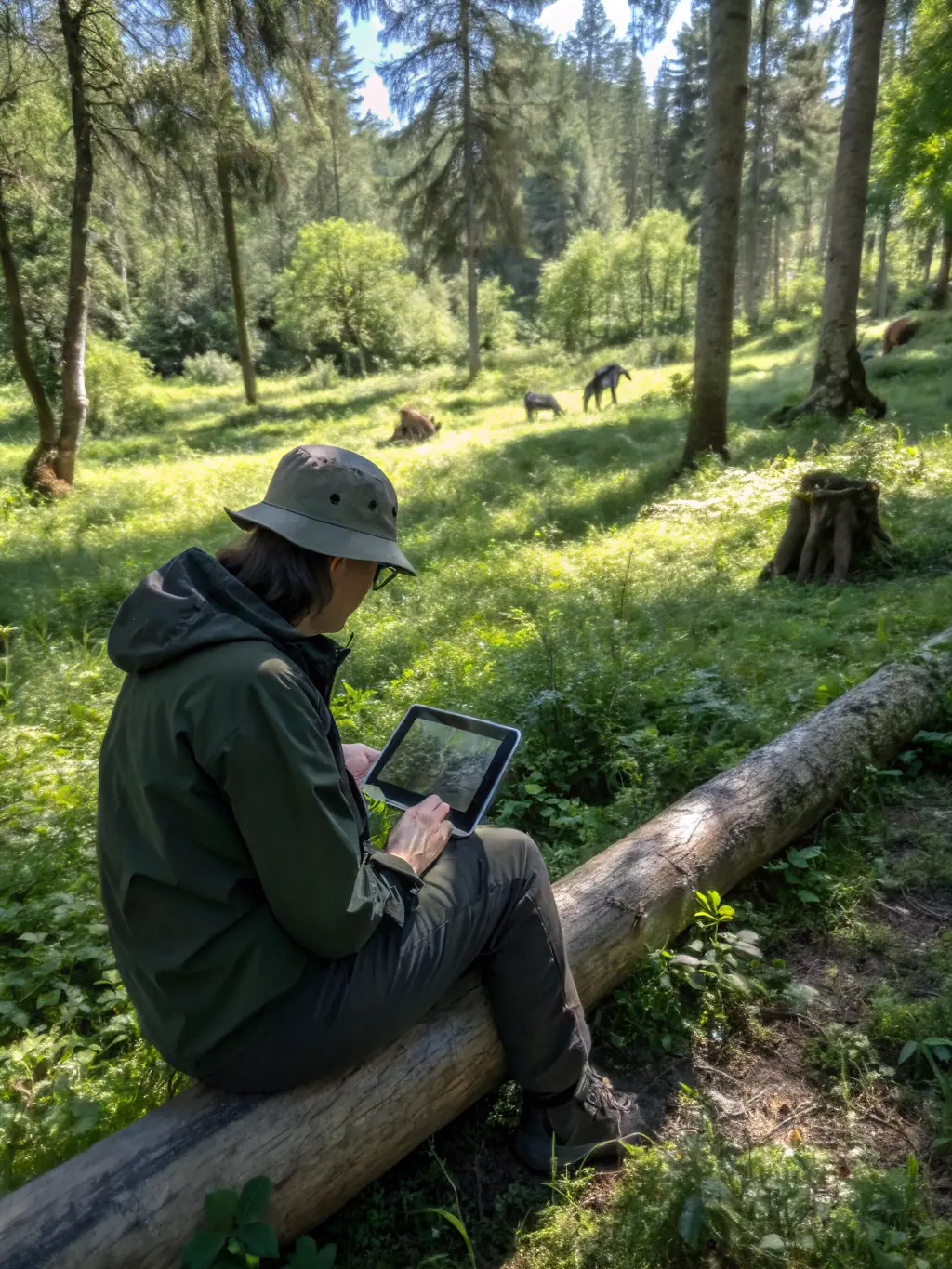 A photograph showcasing ACFR members conducting a wildlife census, tracking animal populations and gathering data to inform conservation efforts in the Ris Forest.